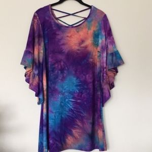 Tie Dyed Mini Dress with Bell Sleeves